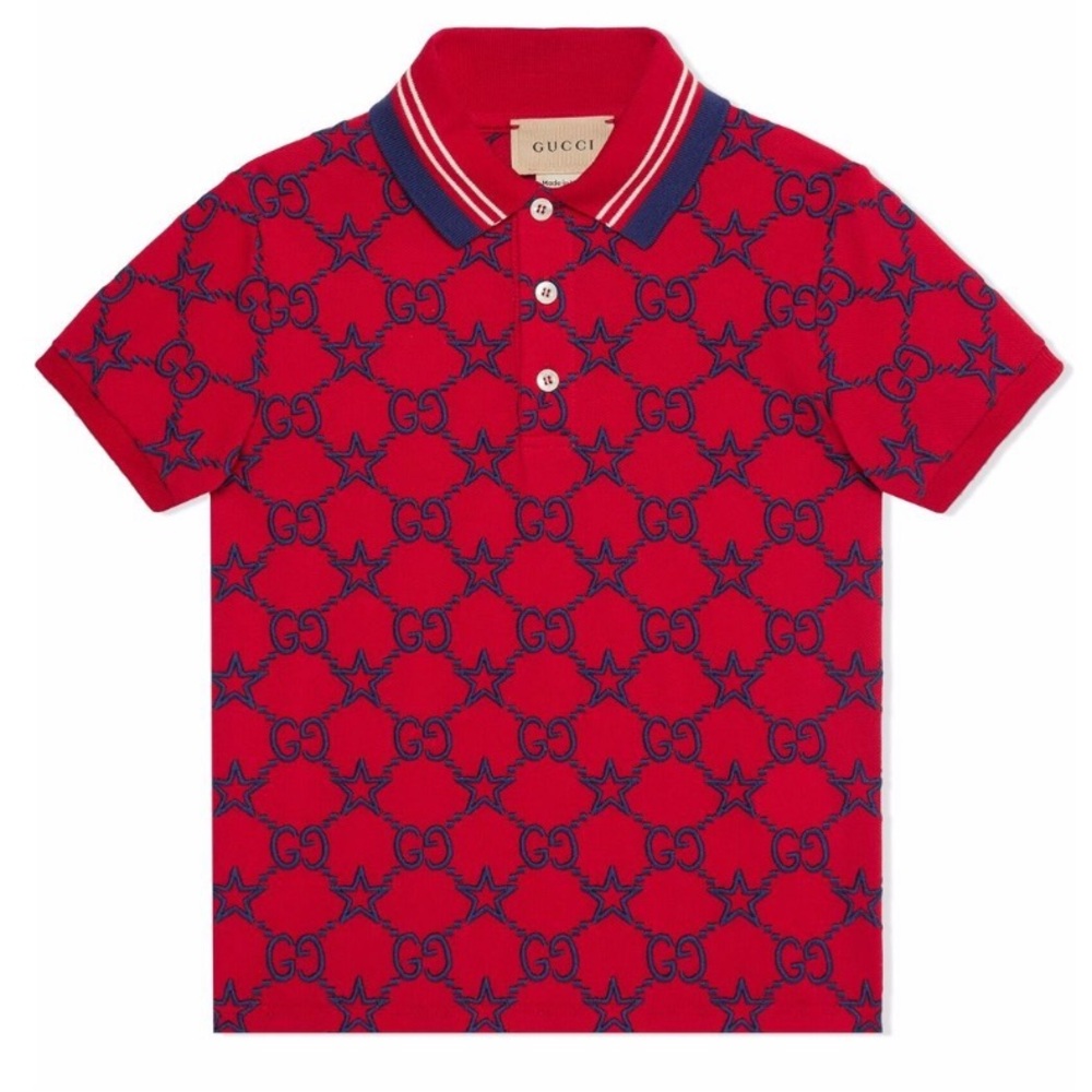 GUCCI Kids Red Polo with Navy Blue Interlocking GG Star Jacquard 10